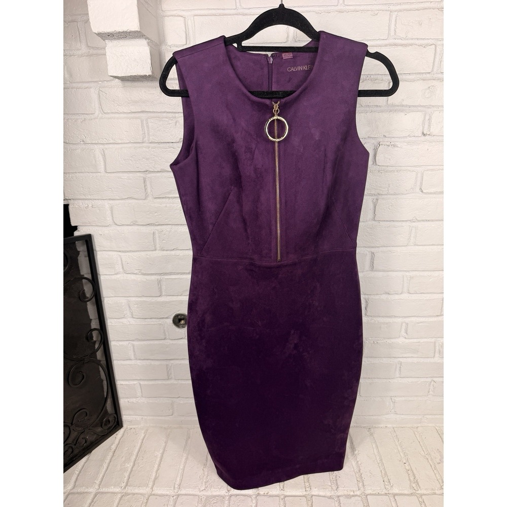 Calvin Klein Dress Size 6 Purple Faux Suede Gold O Ring Zip Sheath Bodycon